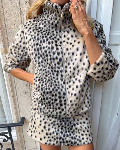 Ema Chaqueta de Piel Sintética con Estampado de Leopardo y Cuello Alto