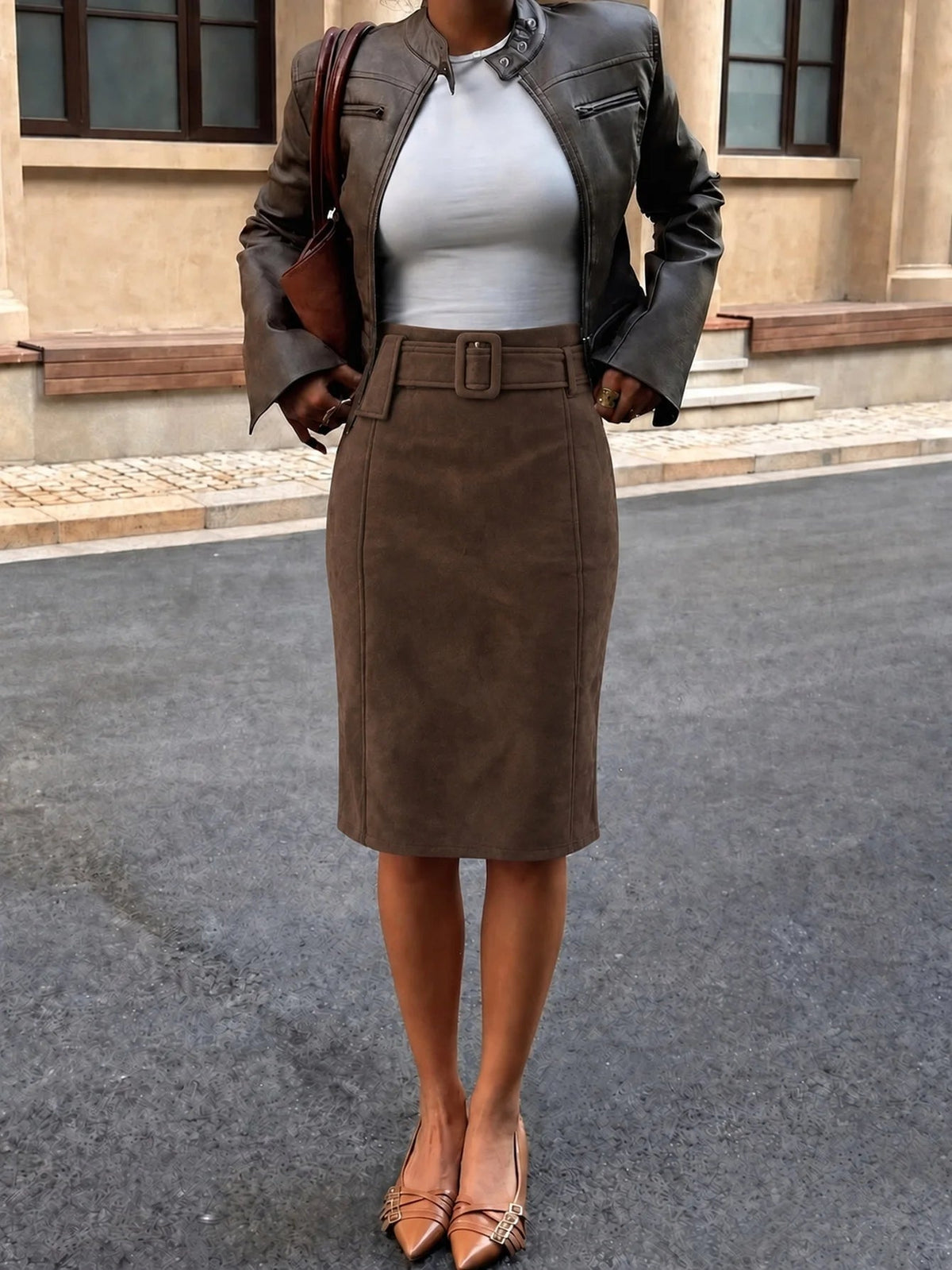 Lara – Falda Midi de Gamuza Sintética con Cinturón